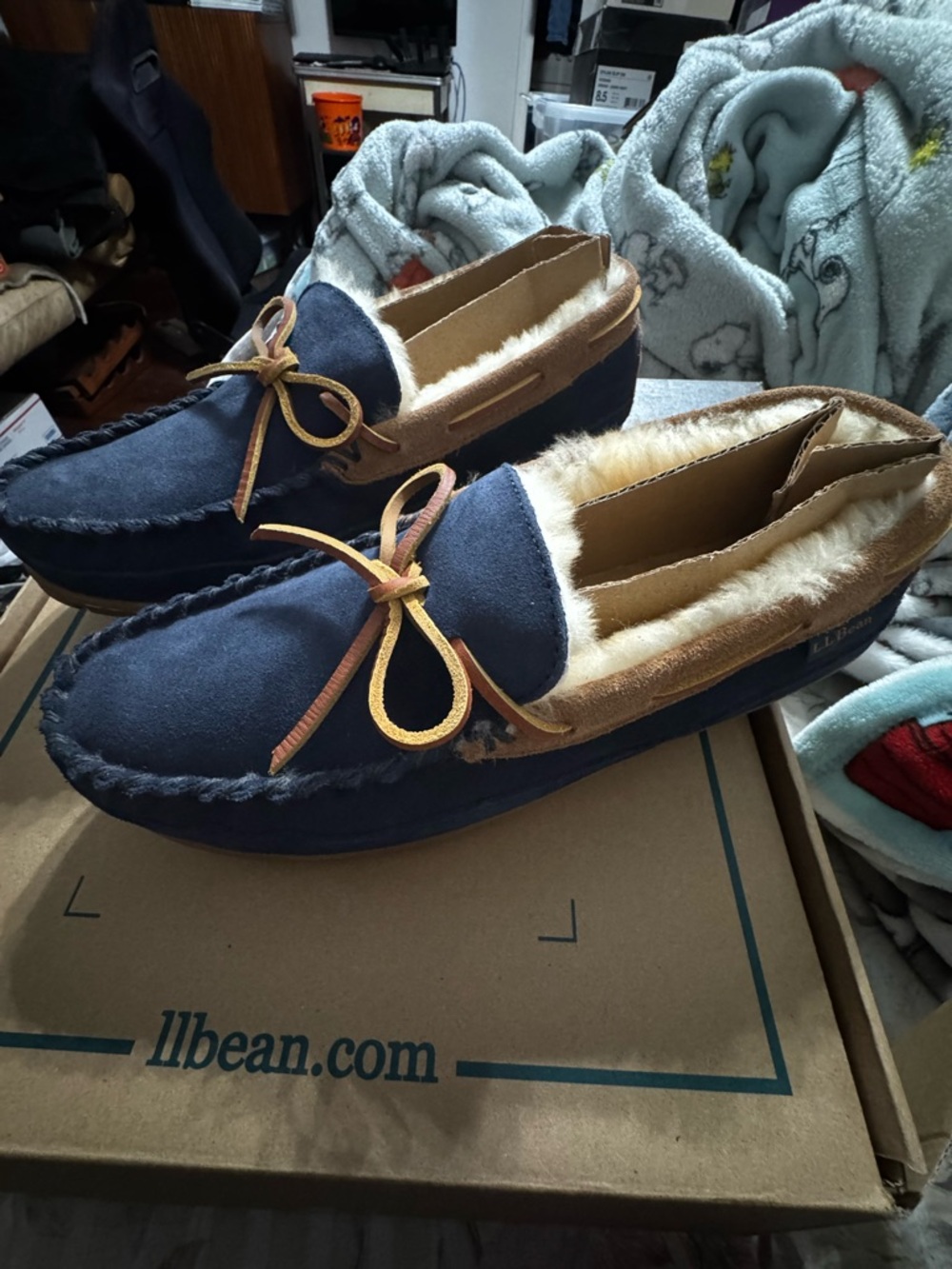 L.L. Bean Navy Suede Moccasin Slippers with Tan Trim